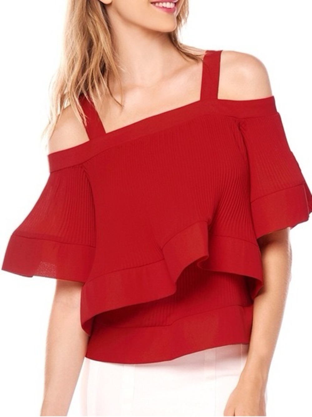 Gracia Vibrant Red Off-Shoulder Ruffle Tie-Back Crop Top